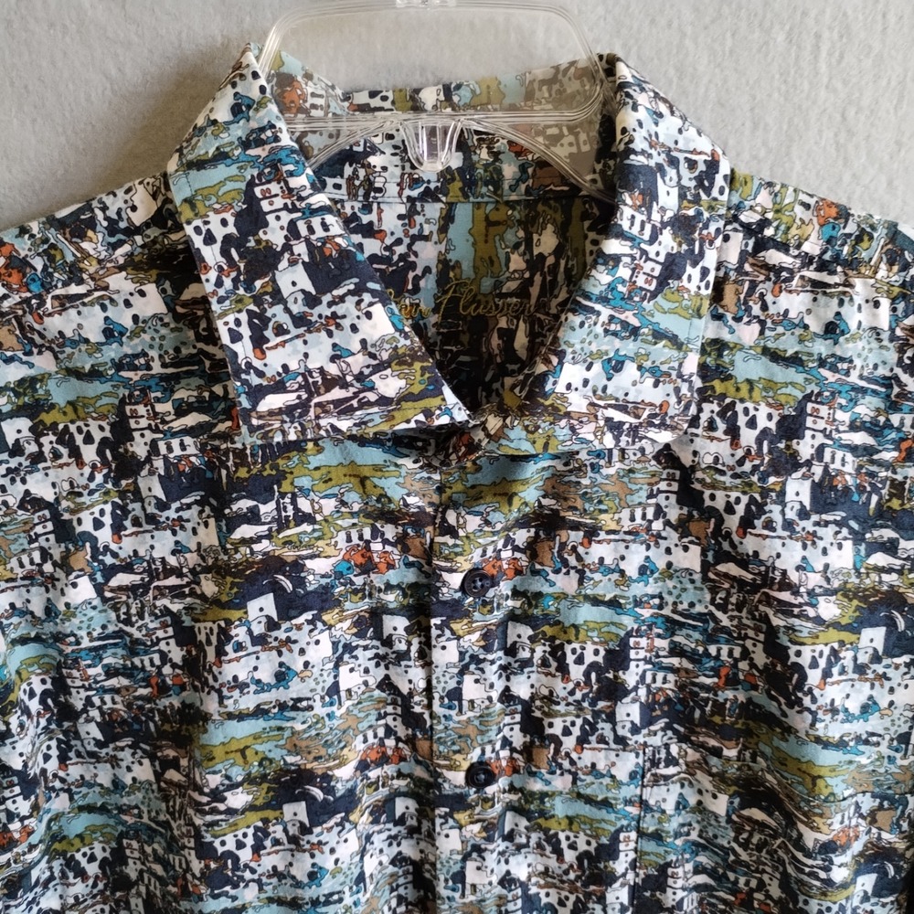 Alan Flusser Mens‎ Shirt 2XL 100% Cotton Long Sleeve Button Up Village Graphic
